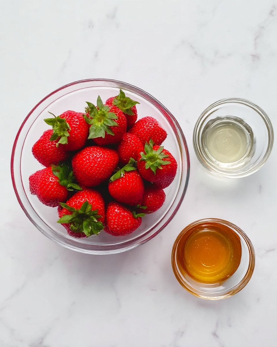 A clear round glass bowl filled with bright red strawberries topped with green leafy stems is placed on a white marbled surface. Next to it on the right side are two small clear glass bowls, one filled with golden honey and the other with a clear liquid, both sitting side by side. The image is clean and simple with a fresh, natural look photo taken with an iphone --ar 4:5 --v 7