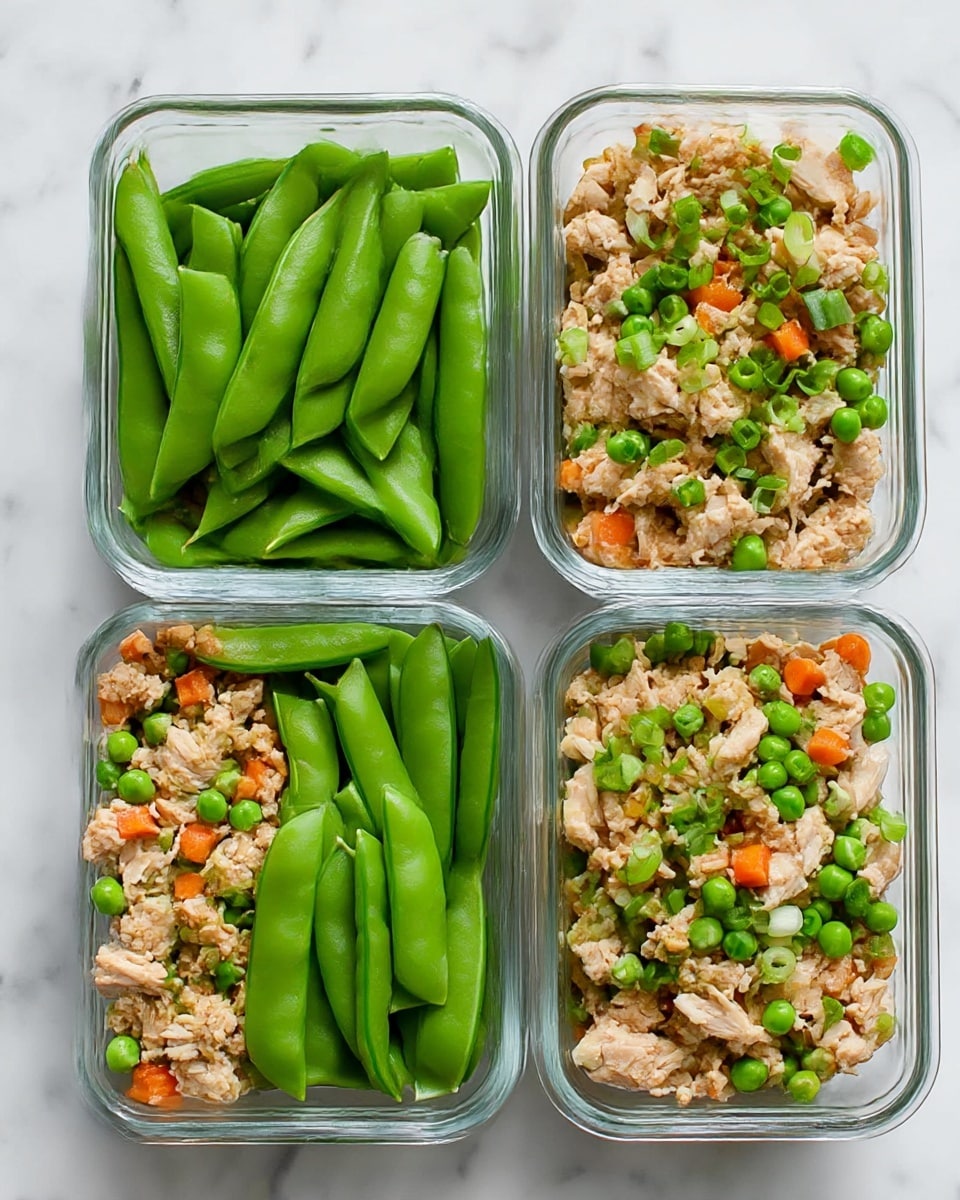 Three clear glass containers are placed side by side on a white marbled surface, each filled with two sections. One section in each container holds green snap peas that are smooth and bright, neatly stacked. The other section contains a mix of light brown cooked chicken pieces, small orange carrot bits, light green peas, and chopped green onions on top creating a fresh look. The chicken mixture has a chunky and soft texture while the vegetables add color. The containers are viewed from above, showing an even division of the two sections in each container. Photo taken with an iphone --ar 4:5 --v 7