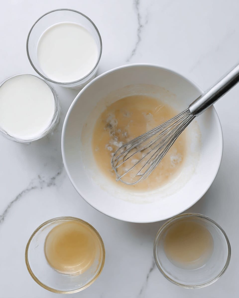 A large white bowl with a thin brown liquid being mixed with a metal whisk is centered on a white marbled surface. To the left, there are two clear glasses filled almost to the top with white milk-like liquid. Below them, there is a small clear glass bowl filled with a light golden liquid. The liquids all have smooth textures, and the scene looks clean and bright. Photo taken with an iphone --ar 4:5 --v 7