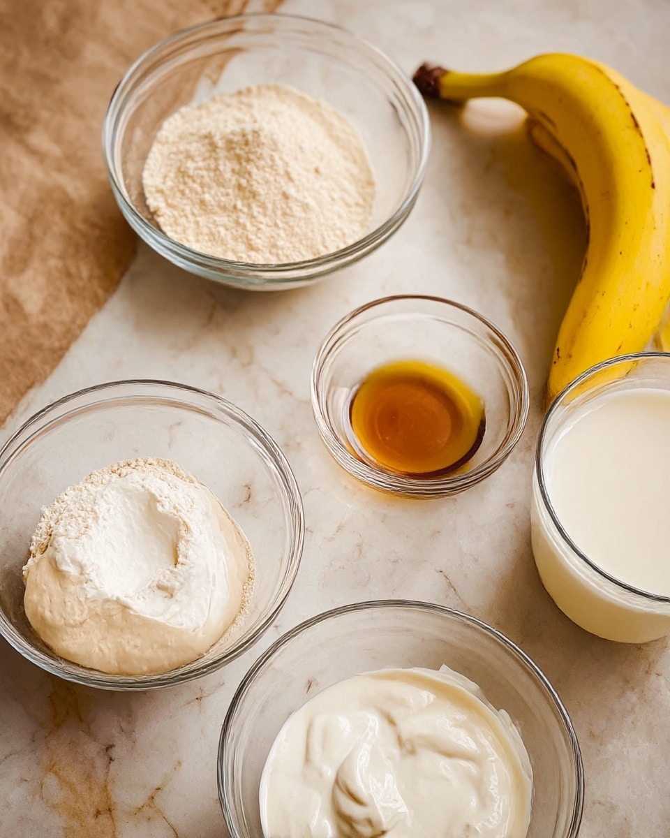 A white marbled surface holds several clear glass bowls and a ripe yellow banana. One bowl contains pale beige flour with a soft texture, another has smooth white coconut cream, and a third holds a light brown liquid, possibly syrup or vanilla extract. There is also a bowl with white creamy yogurt and a larger one filled with a creamy white liquid, likely milk. The banana lies diagonally beside the bowls, and the background shows soft natural lighting with a rustic feel. Photo taken with an iphone --ar 4:5 --v 7