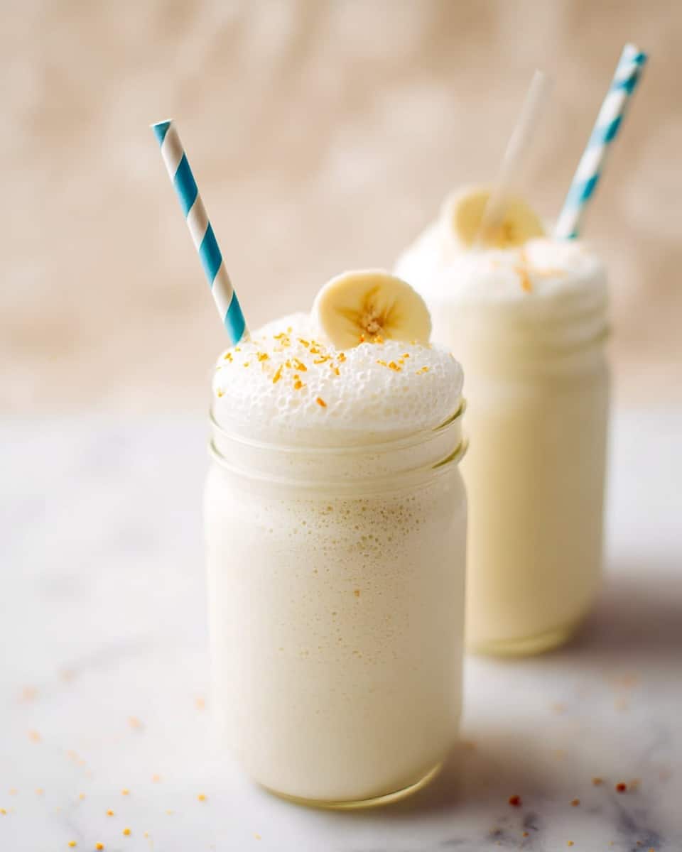 The image shows a tall glass filled with a white, frothy drink topped with creamy foam. On the foam, there is a round, thin banana slice sprinkled with light brown powder. A blue and white striped straw is placed in the glass, leaning to one side. The glass is set on a white marbled surface, with a soft, light background. photo taken with an iphone --ar 4:5 --v 7