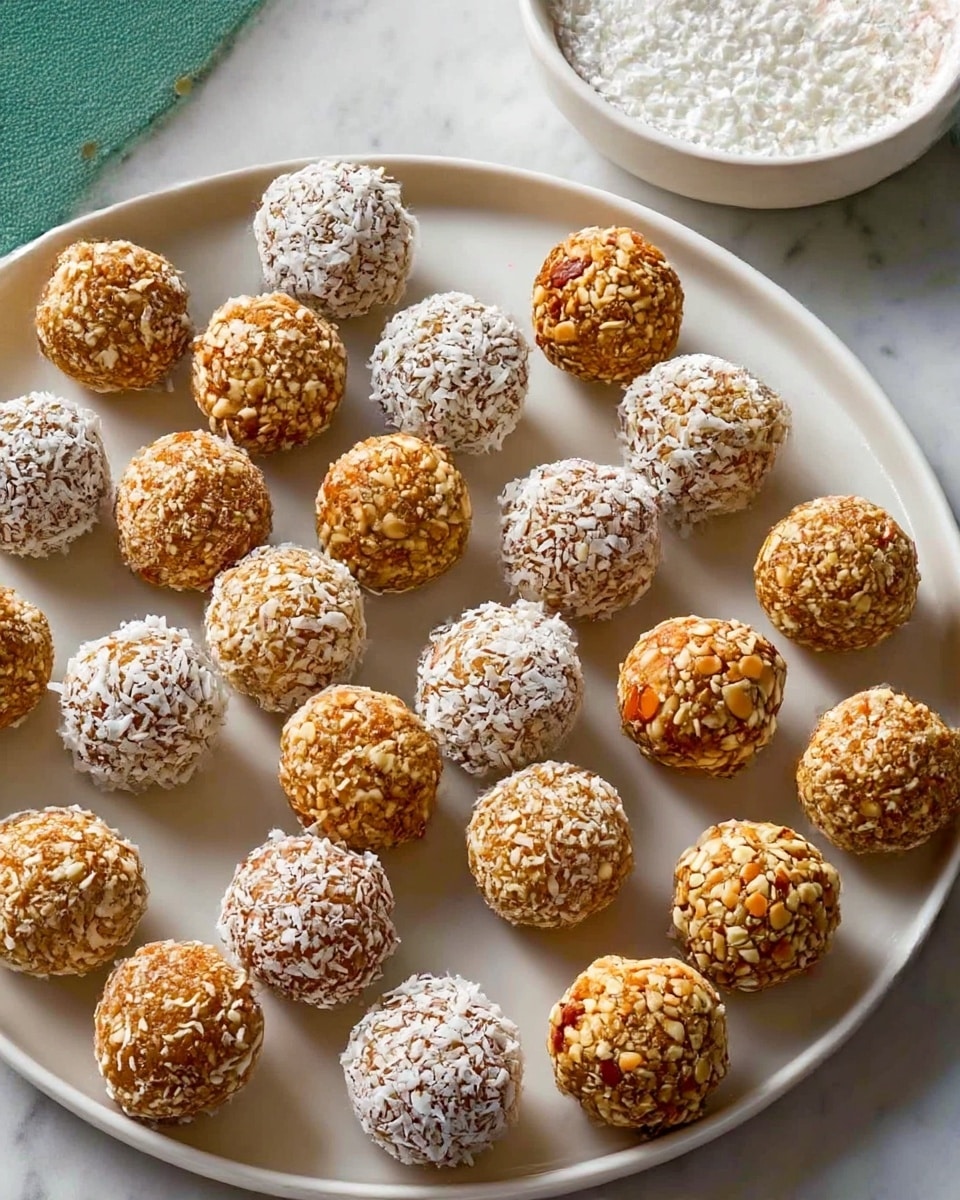 A white bowl filled with round energy balls in two layers, some coated with shredded coconut showing white flaky texture, and others covered in chopped nuts with beige and light brown rough texture. The balls are light brown with visible pieces of ingredients inside, tightly packed in the bowl. The bowl is placed on a white marbled surface. Photo taken with an iphone --ar 4:5 --v 7
