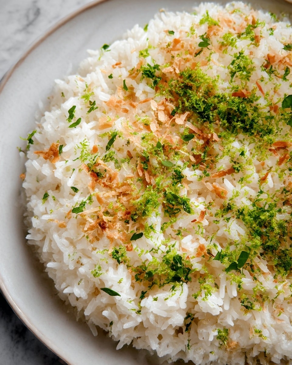 A close-up of a dish with a single layer of fluffy white rice as the base, topped with small green herb leaves scattered evenly across the surface. There are light brown toasted flakes sprinkled lightly over the rice, along with finely grated green zest adding a fresh burst of color. The food sits on a round white plate, all placed on a white marbled textured background. photo taken with an iphone --ar 4:5 --v 7