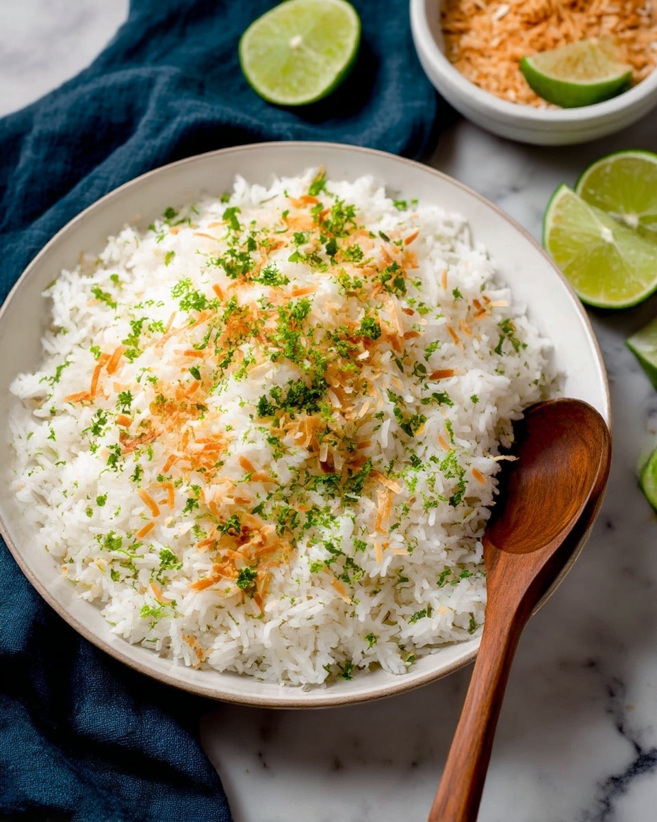 A white bowl filled with fluffy white rice topped with toasted golden brown coconut flakes and bright green chopped herbs, with some light green lime zest sprinkled on top. A wooden spoon rests on the right edge of the bowl. In the background, there are wedges of lime and a white bowl of toasted coconut flakes on a white marbled surface with a dark blue cloth partly under the bowl. Photo taken with an iphone --ar 4:5 --v 7