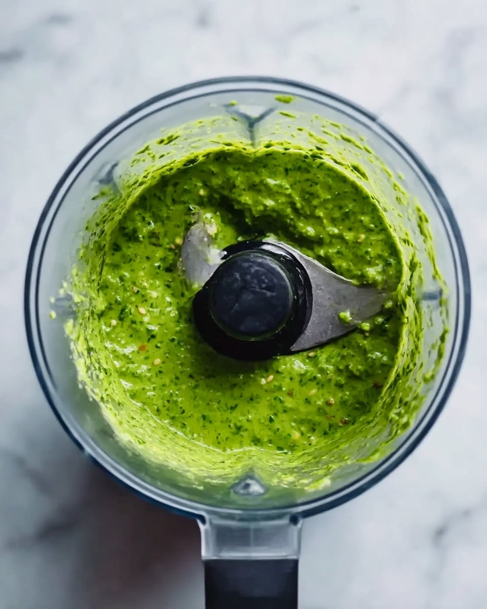 A clear blender bowl filled with a bright green sauce that looks fresh and slightly chunky, showing small bits of herbs and seeds mixed together, with a black blade in the center partly covered by the sauce. The blender is placed on a white marbled surface. photo taken with an iphone --ar 4:5 --v 7