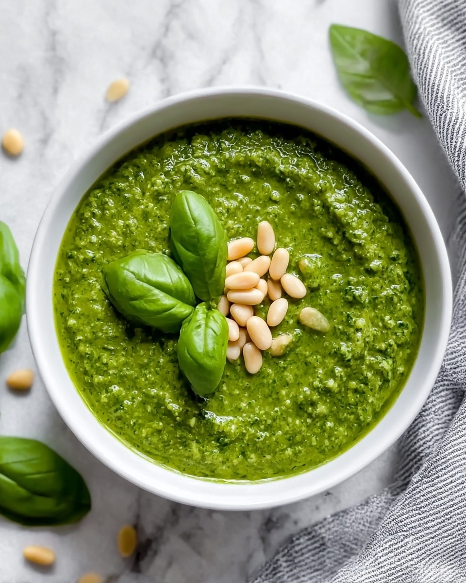 A white bowl filled with bright green pesto sauce that has a slightly coarse texture. On top in the center, there is a small pile of whole light beige pine nuts and two fresh green basil leaves placed casually for decoration. The bowl sits on a white marbled surface with a few scattered pine nuts around it and a gray striped cloth nearby. The photo taken with an iphone --ar 4:5 --v 7