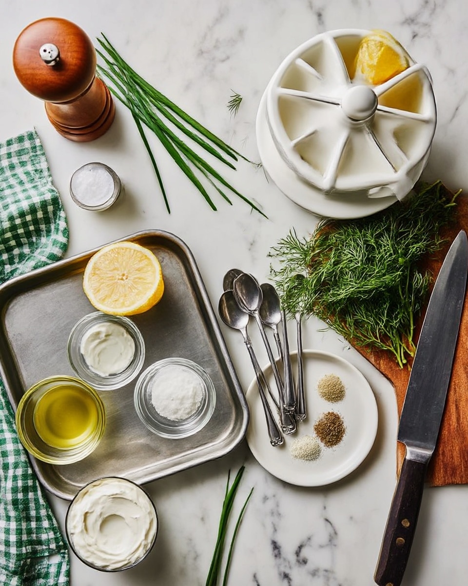 The image shows cooking ingredients arranged on a white marbled surface. There is a cute white citrus juicer with lemon wedges inside at the top right. Below it, a small white plate holds three measuring spoons and some powder spices. A bunch of fresh green herbs lies on a wooden board to the right, next to a large knife with a dark handle. On the left side, a metal tray holds a halved lemon, two small glass bowls of liquid, a small metal measuring cup with white cream, and a round container with a white soft cheese. Green chives are scattered near a wooden pepper grinder at the top left. A green and white checkered cloth peeks out from below the tray. The photo is taken with an iphone --ar 4:5 --v 7