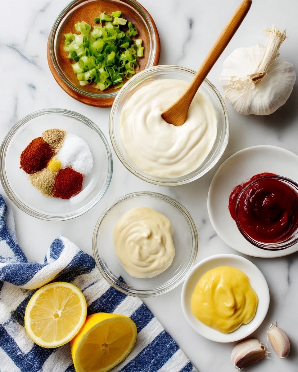 The image shows small bowls with different ingredients arranged on a white marbled surface. There is a clear glass bowl full of creamy white sauce with a wooden spoon inside it placed near the center. Next to it, a clear glass bowl contains chopped green onions. A wooden plate holds brown and white spices, with some salt. A white bowl has a smooth yellow mustard sauce. Another white plate has dark red powdered spice. Two lemon halves show their juicy, yellow insides. A small clear bowl holds a red sauce. Two garlic cloves lie beside a striped blue and white cloth at the bottom. Photo taken with an iphone --ar 4:5 --v 7