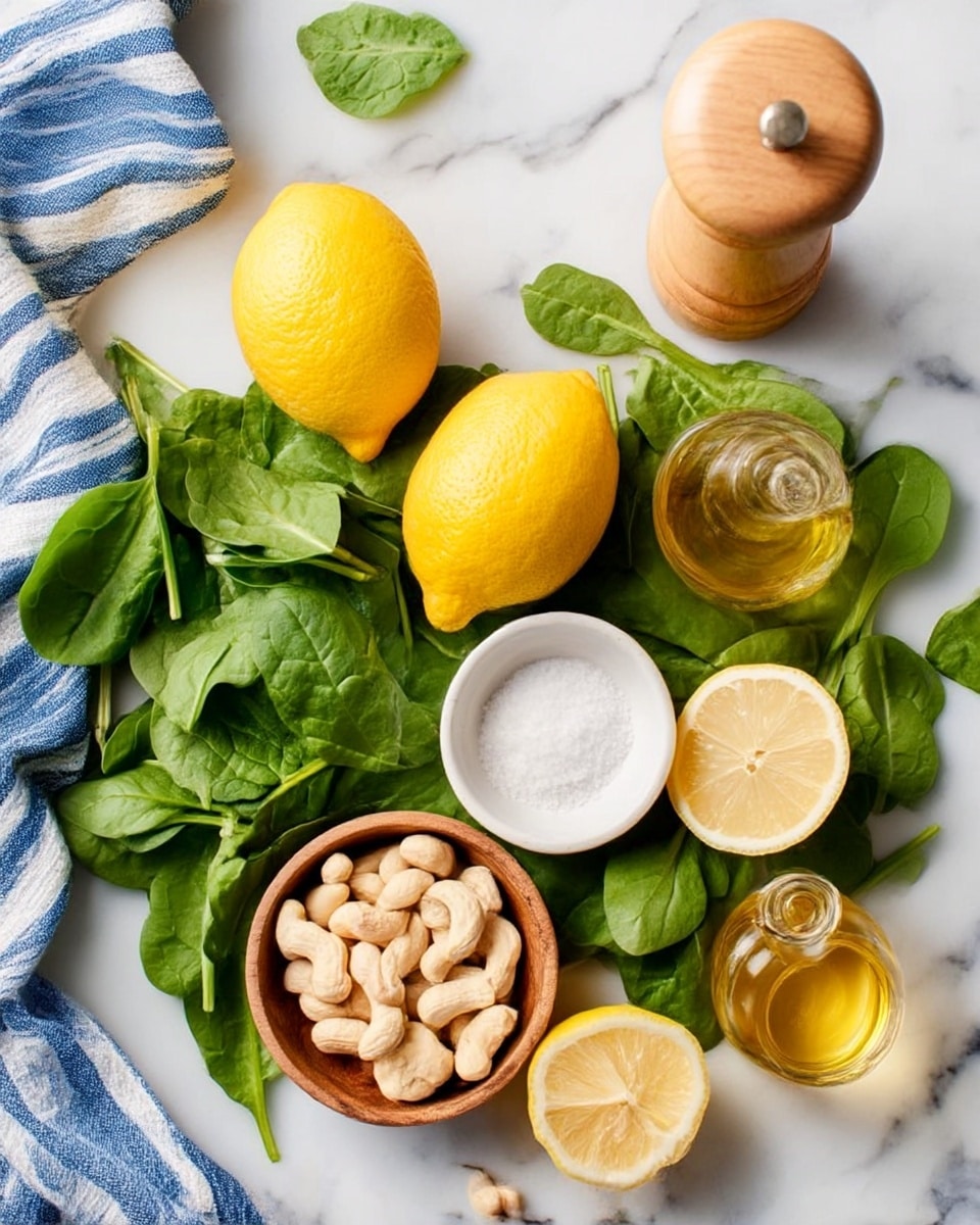 The image shows a flat lay on a white marbled surface with fresh green spinach leaves spread out as the base layer. On top and around the spinach are three bright yellow whole lemons and one lemon cut in half, showing the juicy inside. Near the center, there is a white bowl filled with pale beige cashew nuts. A small wooden bowl holds white salt arranged in a small pile, and next to it is a small glass bottle filled with golden oil. A light wooden pepper grinder is placed near the top center. A blue and white striped cloth is partially visible on the left side. The photo taken with an iphone --ar 4:5 --v 7
