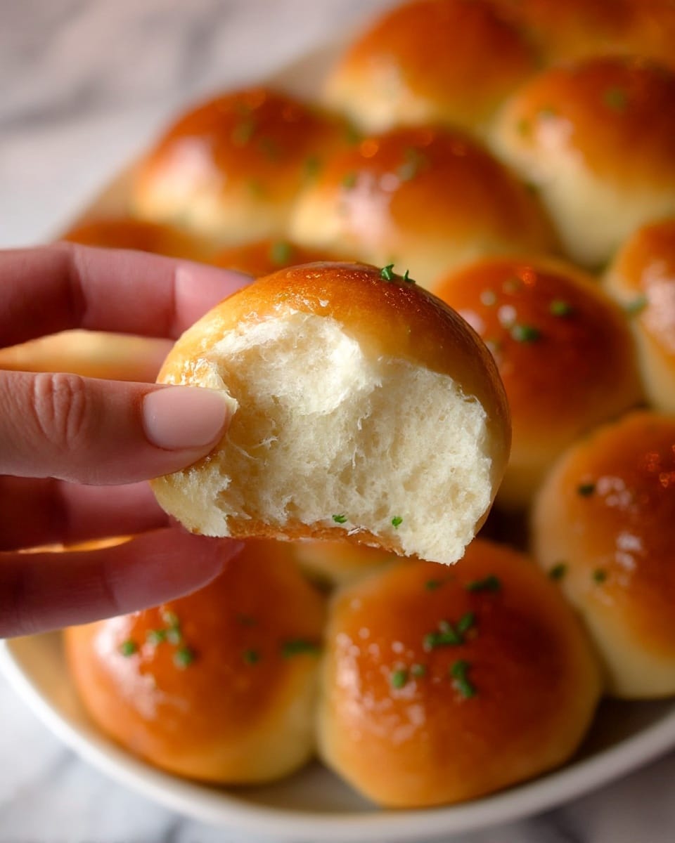 A close-up of a woman's hand holding a small, soft, golden brown dinner roll with a fluffy white inside, pulled apart from a larger group of similar rolls. The rolls are arranged in a cluster on a white plate, each roll having a shiny, slightly glazed top with small green herb pieces sprinkled on them. The background has a soft focus, showing more rolls tightly packed together, all resting on a white marbled surface photo taken with an iphone --ar 4:5 --v 7