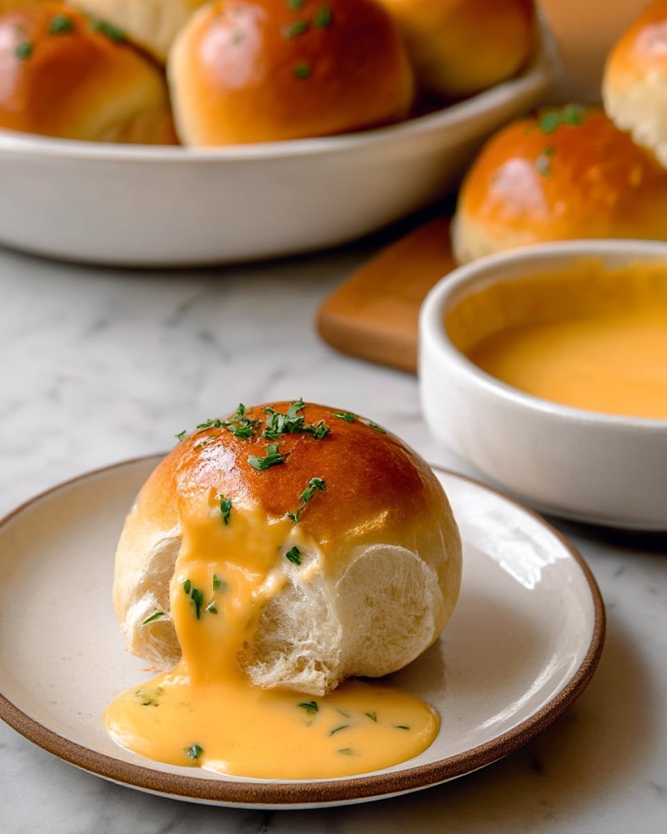 The image shows a white pan filled with 30 shiny, golden brown bread rolls arranged tightly in a circular shape with some small green herb pieces sprinkled on top. The bread rolls have a smooth, soft texture and a slightly glossy surface with a few salt flakes visible. Around the pan, there are some torn pieces of bread on a wooden table. Above the pan, a white bowl holds a creamy orange soup garnished with small green herbs. A dark blue cloth is partly seen under the pan, all placed on a white marbled surface. photo taken with an iphone --ar 4:5 --v 7
