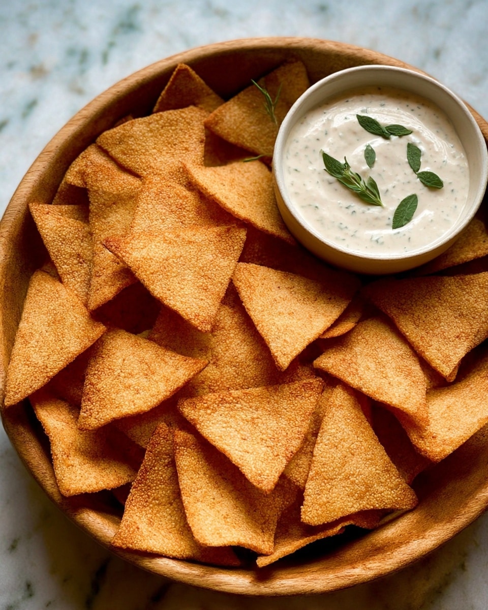 There is a wooden bowl filled with many golden-brown, triangular chips that have a slightly coarse texture and look crispy. Near the top of the bowl, a small white bowl holds a creamy white dip with green herb leaves scattered on the smooth surface. The background is a white marbled texture. photo taken with an iphone --ar 4:5 --v 7