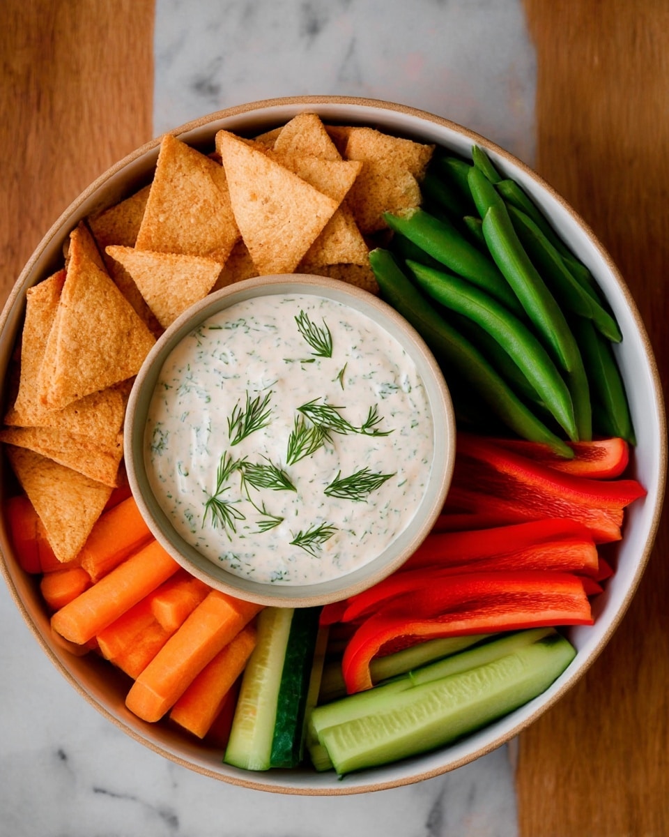 A round white bowl filled with creamy white sauce with green herb bits on top, placed inside a larger round bowl full of golden brown, crispy triangular chips that look well-seasoned, the larger bowl has a dark blue inside and beige rim, all set on a white marbled textured surface with two glass jars filled with red and yellow powders in the background photo taken with an iphone --ar 4:5 --v 7