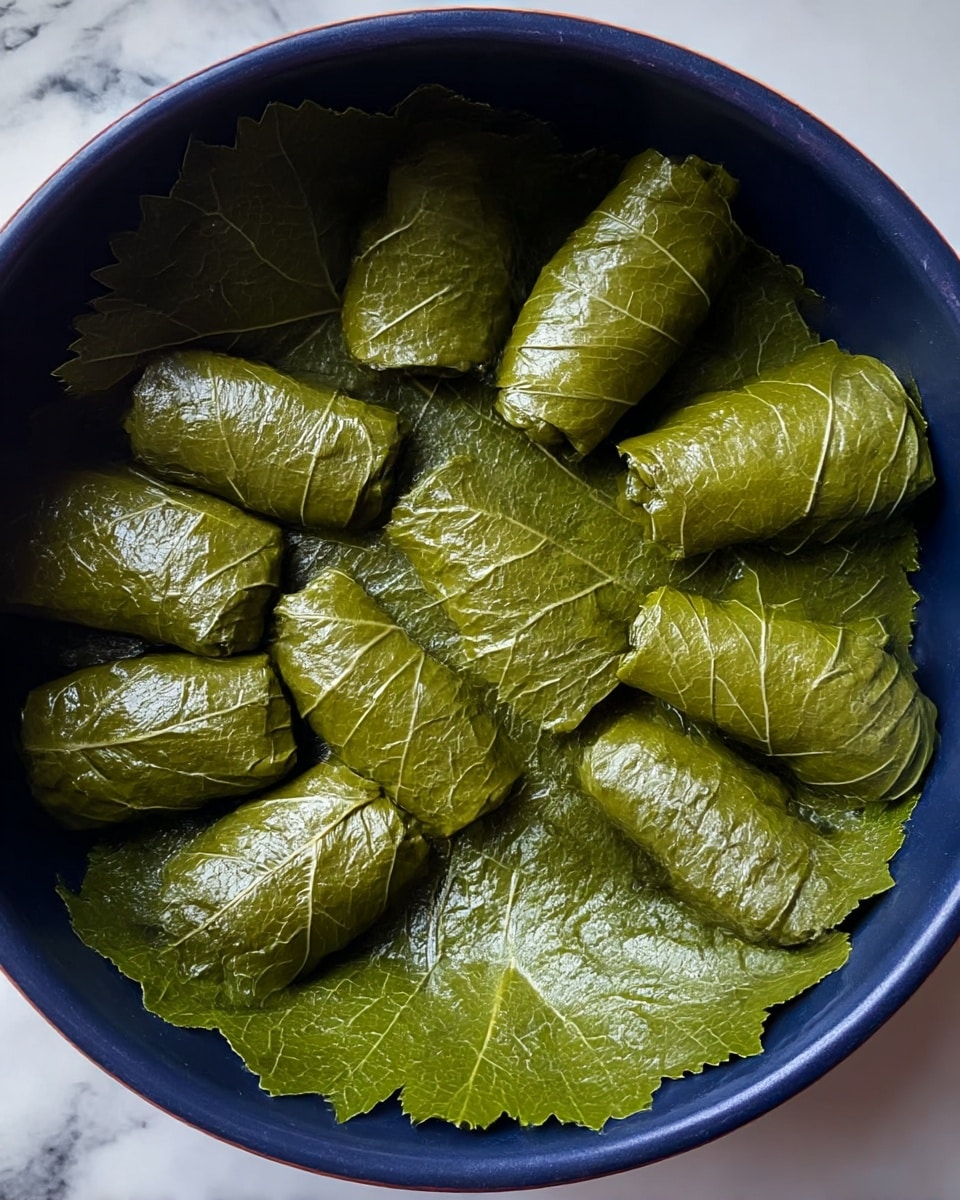 A white oval plate on a white marbled surface holds six grape leaf rolls, each shiny and dark green with a smooth, tightly wrapped texture. The rolls are arranged neatly in two rows stretching from the front to the back of the plate. On top of the rolls is a light sprinkling of chopped bright green herbs. In front of the rolls, near the edge of the plate, is a lemon wedge with a bright yellow peel and a pale, juicy inside. In the background, another lemon wedge is partly visible, slightly blurred. The photo was taken with an iphone --ar 4:5 --v 7