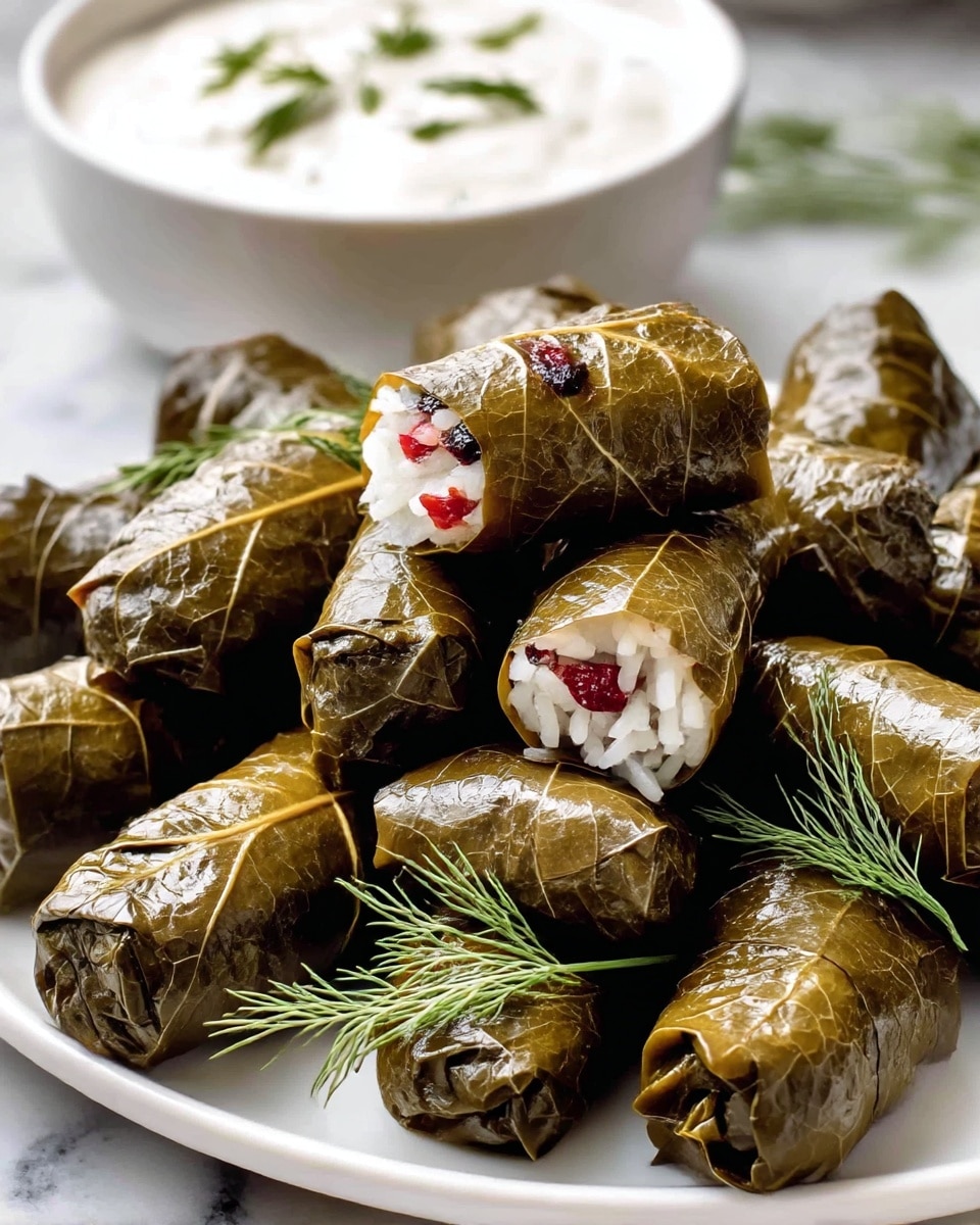 The dish shows a pile of shiny dark green grape leaves wrapped tightly around a filling of white rice mixed with small bits of red and black ingredients visible in one piece that has been opened on top. The grape leaf rolls are arranged on a white plate with a sprig of fresh green dill laid across some of the rolls. In the background, there is a white bowl filled with a creamy white sauce topped with some small pieces of green dill. All items are set on a white marbled surface. photo taken with an iphone --ar 4:5 --v 7