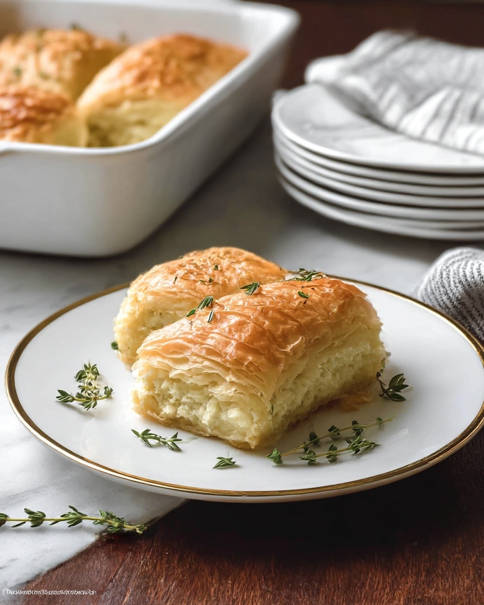 A white baking dish holds a three-layered golden brown pastry topped with sesame seeds, with the top layer showing a crispy, flaky texture. The middle layer is creamy and pale yellow, soft and smooth, contrasting with the crispiness above. Bottom layer appears thin and slightly browned. A silver ornate flat spatula is placed inside the dish with some pastry resting on it. The dish is set on a white marbled surface with a grey and white striped cloth partially visible on the side. photo taken with an iphone --ar 4:5 --v 7