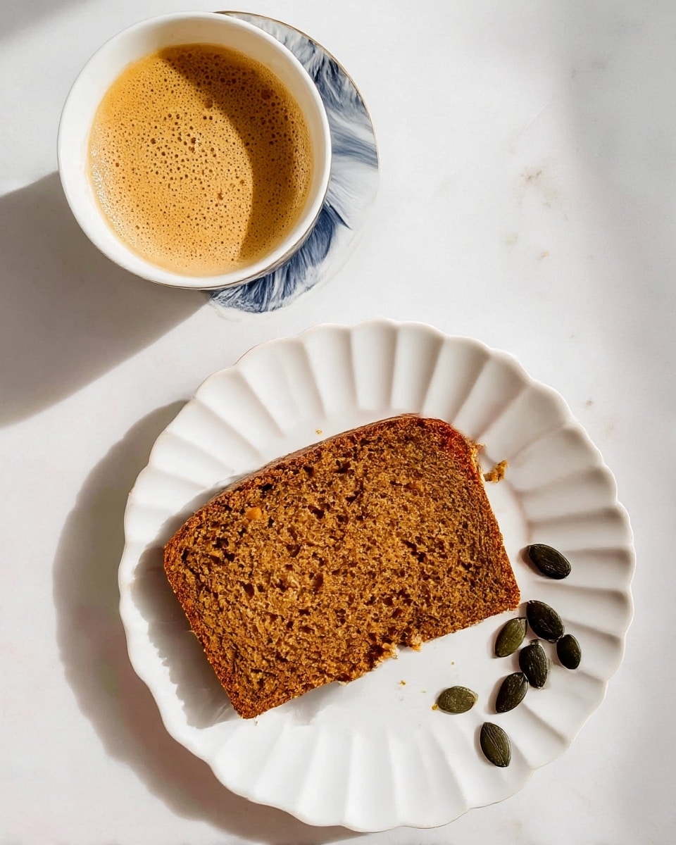 A single slice of brown, moist bread with a slightly rough texture is placed in the center of a white scalloped plate. The bread has a small bite taken from the top edge, and some dark green pumpkin seeds are scattered to the right side of the slice on the plate. Above the plate, there is a white cup with a blue marbled edge filled halfway with coffee that has golden brown foam on top. The whole scene is set on a white marbled surface, with soft natural light casting gentle shadows. photo taken with an iphone --ar 4:5 --v 7