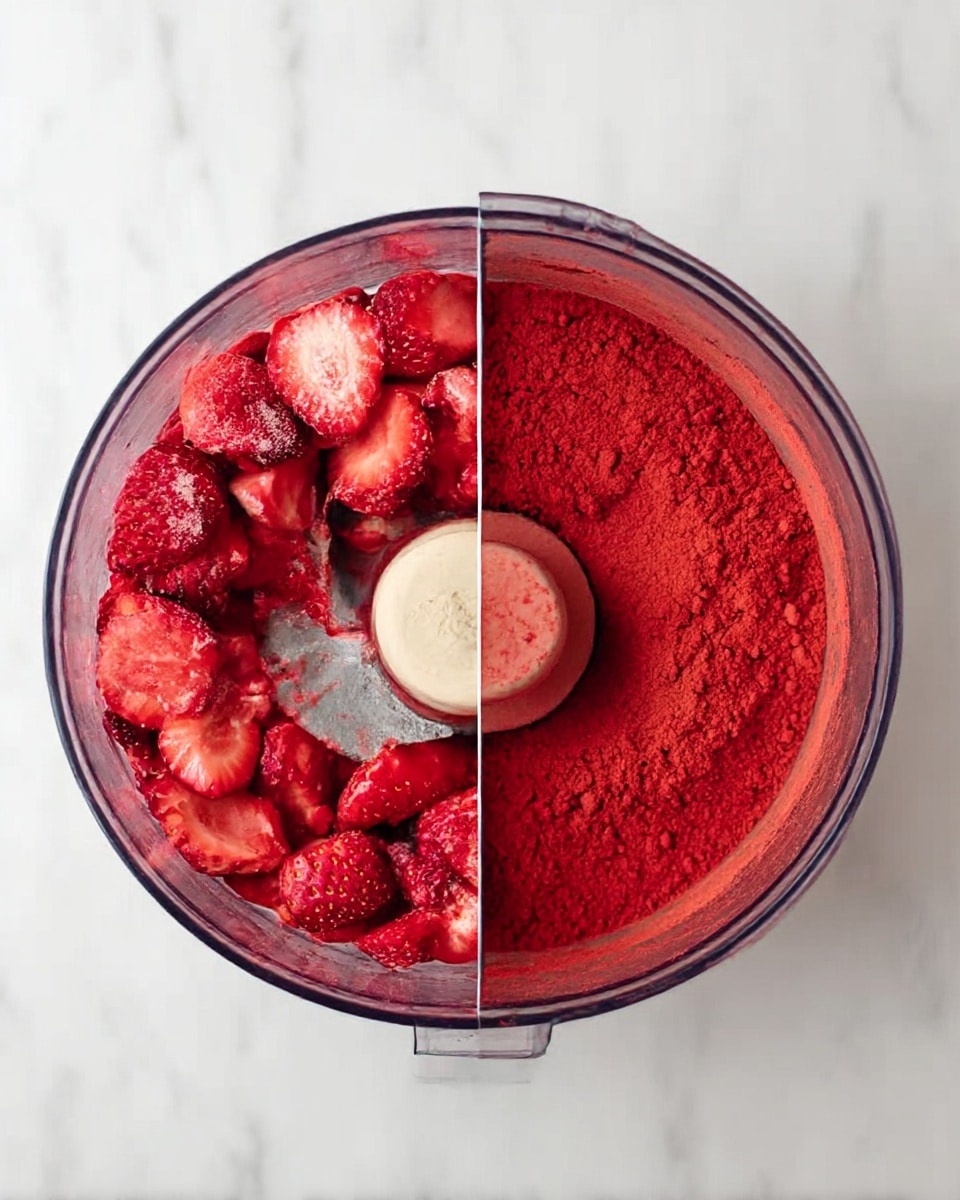 The image shows two side-by-side close-up views of a food processor on a white marbled surface. The left side displays the food processor bowl filled with many chopped frozen strawberries, showing varied red shades and some white spots of frost, with a central blade in the middle. The right side shows the food processor bowl again, but this time it contains finely ground red strawberry powder, smooth and even, with the central blade visible under the powder. Photo taken with an iphone --ar 4:5 --v 7