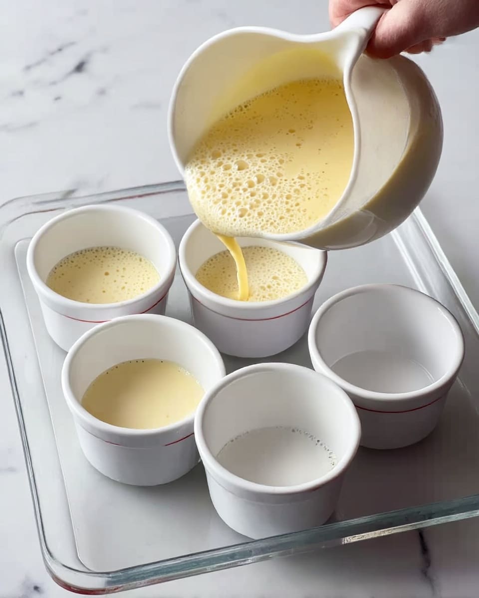 A white pitcher is pouring a creamy, yellow batter with bubbles into one of six small white ramekins arranged on a clear glass tray. Five ramekins are empty, showing their smooth, white insides. The tray sits on a white marbled surface, and a woman's hand holds the pitcher from the top right corner of the image. photo taken with an iphone --ar 4:5 --v 7