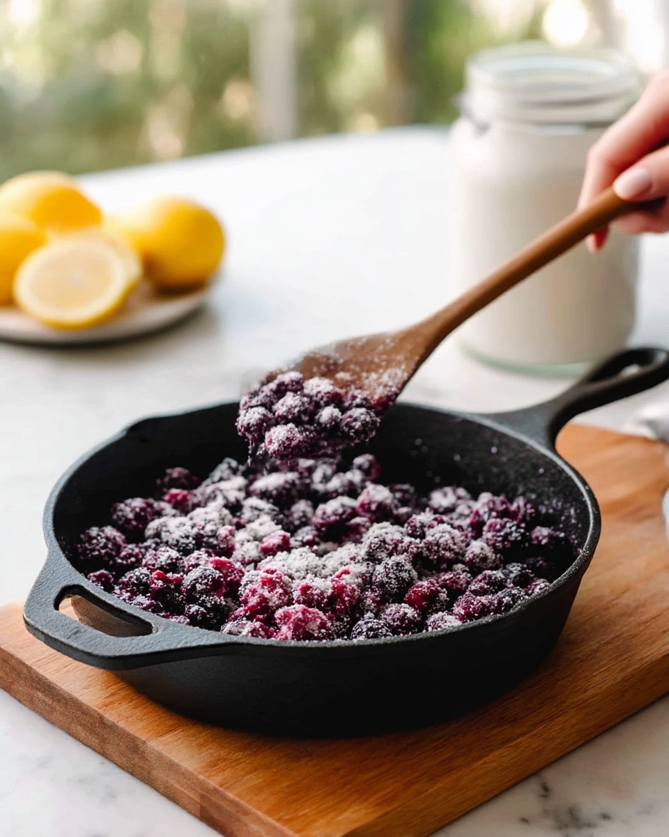 A close-up view of a white plate with a warm blueberry cobbler dessert, showing three main layers: the top layer is golden brown and slightly crispy biscuit dough, broken open to reveal a soft, fluffy inside; beneath that is a thick, deep purple blueberry filling with many whole blueberries, some covered in creamy white sauce that pools on the plate; a silver spoon is partially visible at the bottom right, scooping some of the dessert. The plate sits on a white marbled surface. Photo taken with an iphone --ar 4:5 --v 7