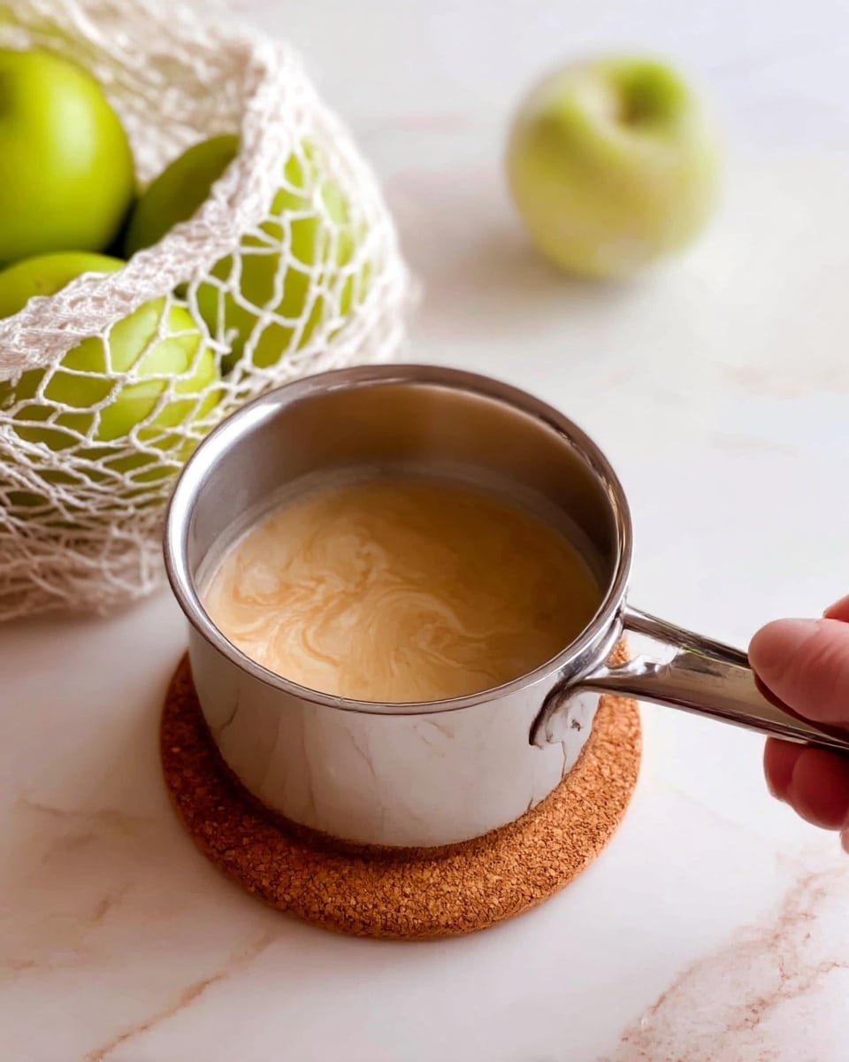 A small shiny silver pot is sitting on a round cork coaster on a white marbled surface. Inside the pot, there is a creamy light brown liquid with swirls showing a mix of light and darker beige colors. A woman's hand is holding the pot by its metal handle on the right side of the image. In the background on the left, there is a white net bag filled with fresh bright green apples visible. The scene is softly lit with a warm tone. photo taken with an iphone --ar 4:5 --v 7