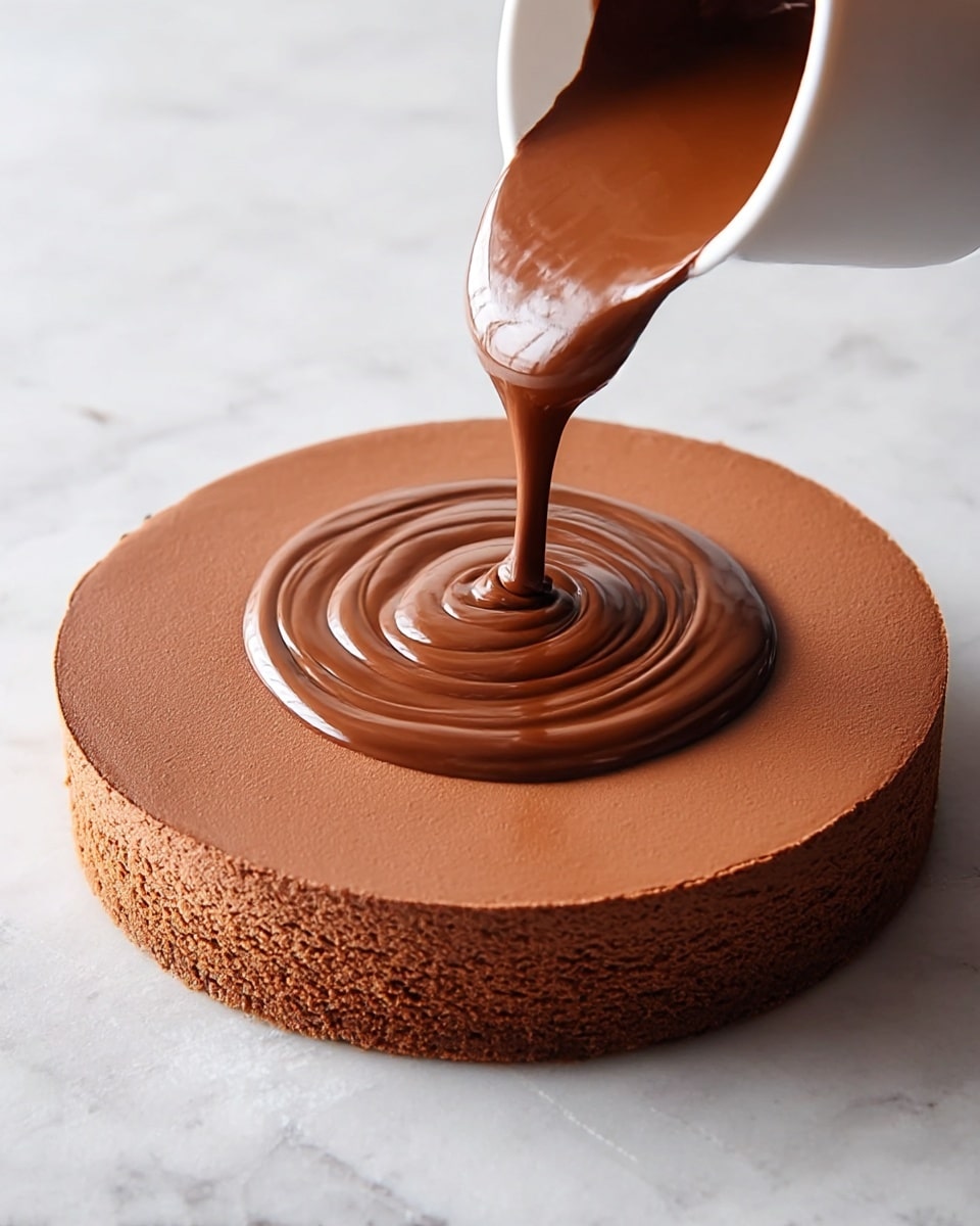 A round chocolate cake with one smooth, thick layer of matte chocolate covering the top and sides sits on a white marbled surface. Darker melted chocolate is being poured from a white cup onto the center of the cake, forming shiny, thick concentric swirls as it spreads outward. The flow of the melted chocolate adds a glossy contrast to the matte cake, highlighting its smooth texture and rich brown colors. Photo taken with an iphone --ar 4:5 --v 7