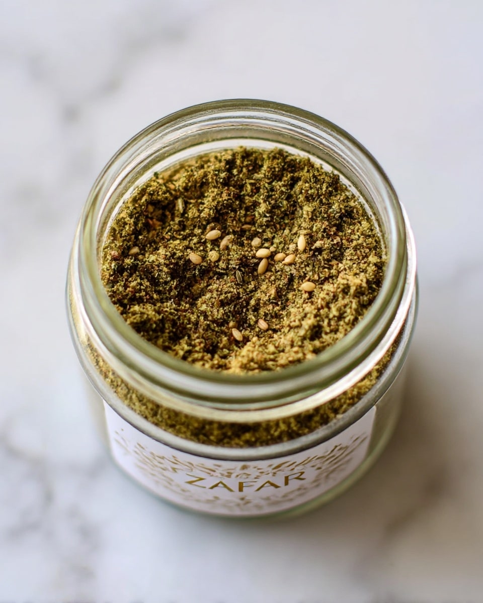 A clear glass jar filled to the top with greenish-brown za'atar spice mix, showing a coarse texture with visible sesame seeds scattered throughout. The jar is placed on a white marbled surface, and the label on the jar has simple, subtle patterns with a white background. The overall look is clean and fresh, focusing on the texture and colors of the spice inside the jar, photo taken with an iphone --ar 4:5 --v 7