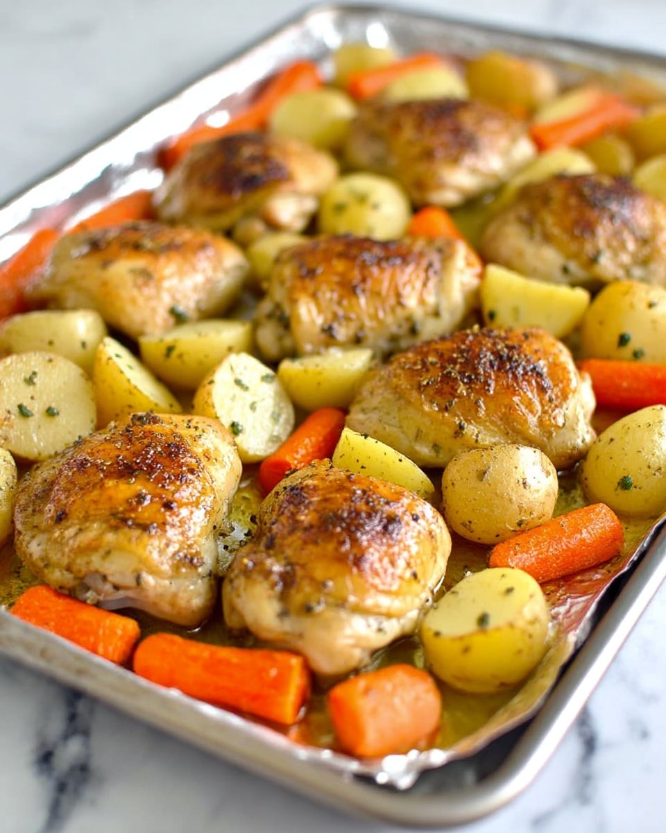 A metal baking tray lined with foil holds a baked dish with three layers of food arranged closely. The first layer is golden-brown chicken thighs with a crispy, slightly shiny skin, their texture looking tender and juicy. The second layer consists of thick, round slices of pale yellow plantains, lightly speckled with black pepper. The third layer includes several roasted carrot pieces, bright orange with a soft, slightly wrinkled texture. The tray sits on a white marbled surface with a folded blue and white striped cloth nearby. Photo taken with an iphone --ar 4:5 --v 7
