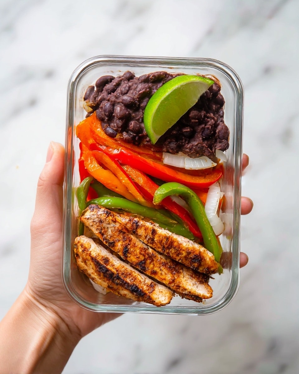 The image shows six rectangular clear glass meal prep containers arranged in two columns and three rows on a white marbled surface. Each container has three sections: slices of grilled chicken with golden brown sear marks placed on the right or top side, a portion of sautéed colorful bell peppers and onions with red, green, orange, and white colors in the middle, and a serving of dark brown refried beans topped with a bright green lime wedge on the left or bottom side. The layers are neatly packed and vibrant, showcasing a balanced and fresh meal. Photo taken with an iphone --ar 4:5 --v 7