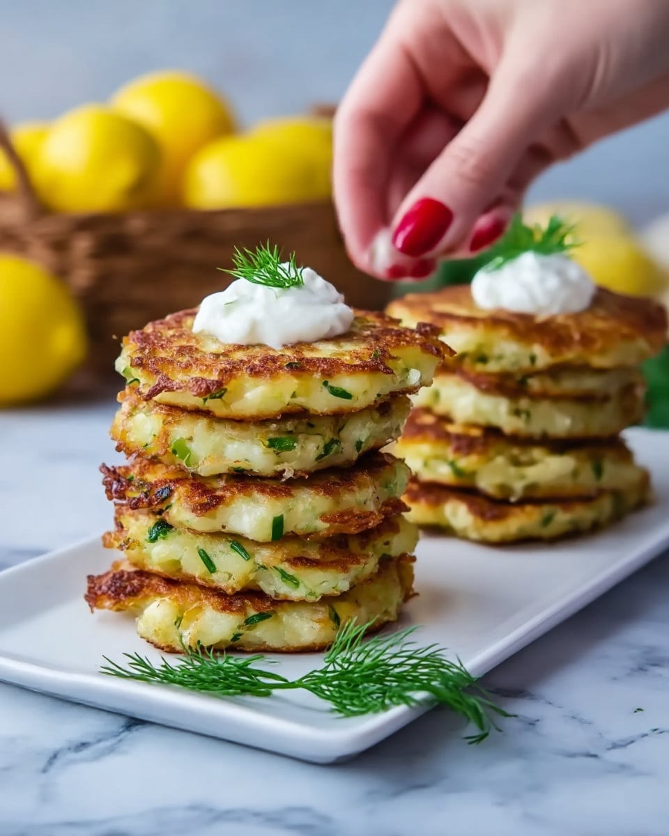 A stack of five golden-brown patties with green herbs visible inside, showing a crispy texture on the outside and a soft, light interior. Each patty is roughly round and slightly thick. On top of the stack is a white dollop of creamy sauce, garnished with a small sprig of fresh dill. The stack stands on a white square plate set on a white marbled surface. In the background, there is a blurred stack of similar patties topped with sauce and dill, along with a wire basket holding bright yellow lemons and green parsley leaves. A small sprig of dill lies in front of the plate. Photo taken with an iphone --ar 4:5 --v 7