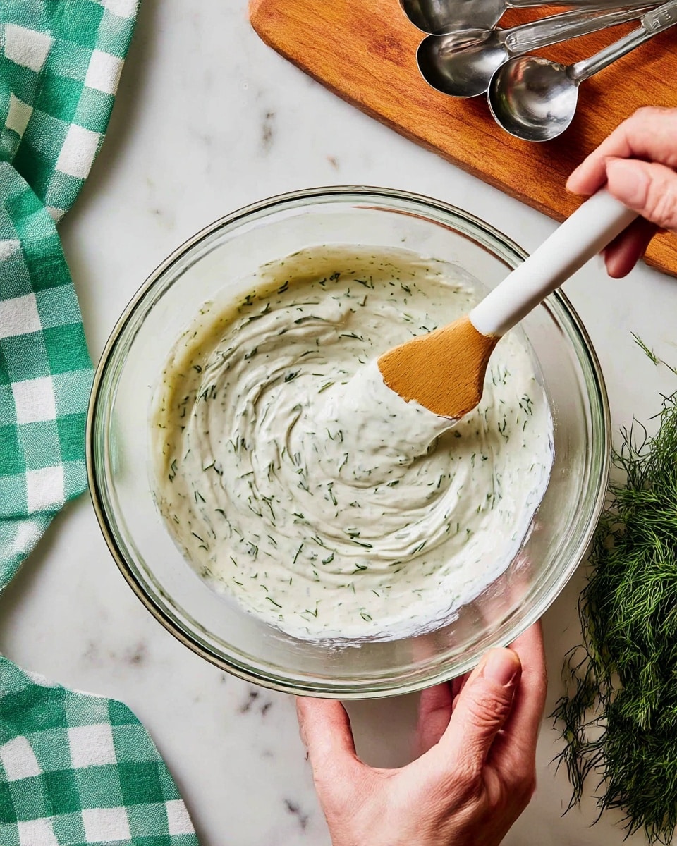 A clear glass jar filled with a creamy white sauce that has small green herb pieces mixed throughout. A metallic spoon rests on top of the jar, with its handle stretching across the jar’s opening. The jar sits on a white marbled surface with small scattered pieces of herbs around it. To the left, part of a green and white patterned cloth is visible, and in the background to the right, there is a yellow lemon cut in half with a faint hint of a white container behind it. photo taken with an iphone --ar 4:5 --v 7