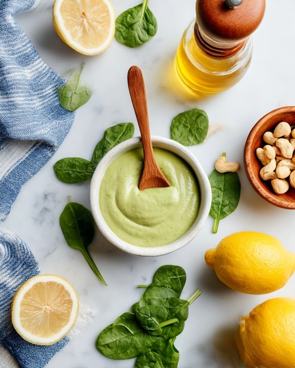 In the center, a small white bowl holds a smooth, thick, pale green sauce with a wooden spoon resting inside. Around the bowl, bright green spinach leaves are scattered on a white marbled surface. To the right, a small wooden bowl contains whole cashews. Nearby, there is a small glass jar filled with golden oil and a wooden pepper grinder. On the left, a blue and white striped cloth is partly visible, and a halved lemon lies next to some more spinach leaves. Two whole lemons, bright yellow and fresh, sit at the bottom right. Photo taken with an iphone --ar 4:5 --v 7