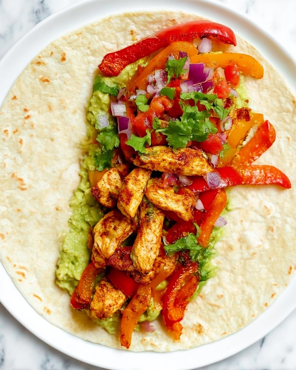 A white tortilla lays flat on a white plate over a white marbled surface. On the tortilla, the first layer is a spread of bright green guacamole with a creamy texture, covering part of the base. Next, grilled strips of orange and red bell peppers with slightly charred edges are scattered on one side. Tender, golden-brown cooked chicken pieces with a light spice coating are layered alongside the peppers. On top, a mix of finely chopped tomatoes, red onions, and fresh green cilantro leaves are sprinkled, adding small pops of red, purple, and green color. The ingredients are arranged in a line across the middle of the tortilla, with the woman's hand out of frame but implied holding or close by. Photo taken with an iphone --ar 4:5 --v 7