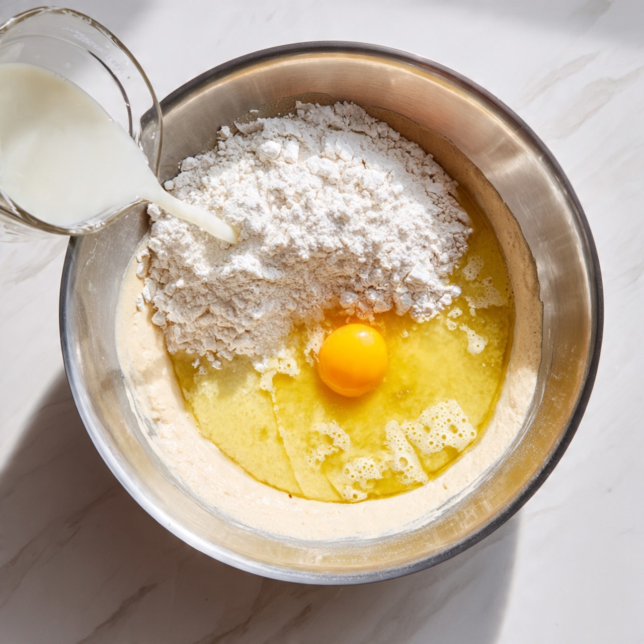 A top-down view of a silver mixing bowl holding four main layers: a foamy light beige yeast mixture spread along the edges, a yellow layer of oil pooling in the center, a white heap of flour settling near the oil, and a raw egg yolk sitting partially on the flour. Below the bowl, a woman's hand pours a white liquid from a clear measuring cup into the bowl. The bowl is placed on a white marbled surface. photo taken with an iphone --ar 4:5 --v 7