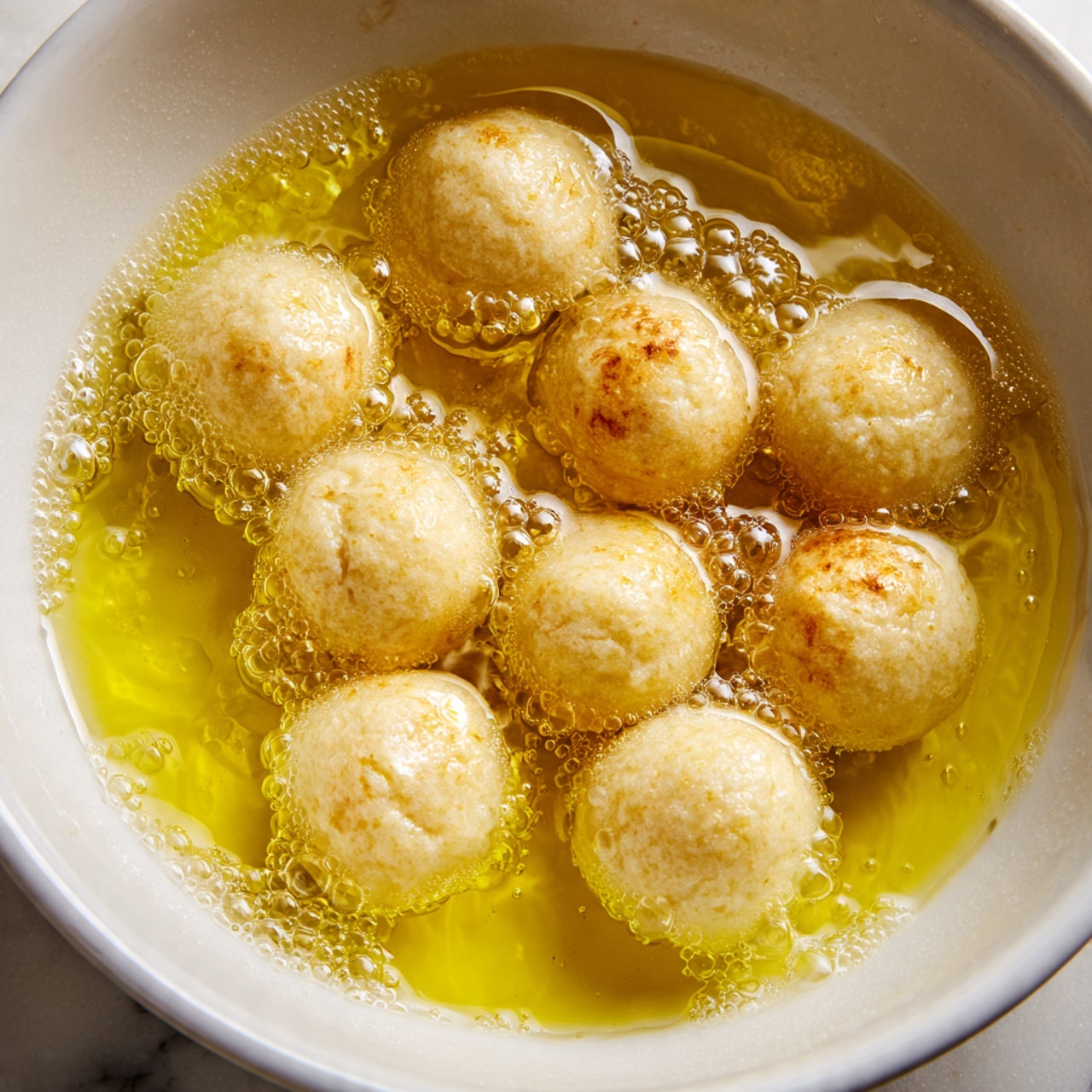 The image shows several small, round dough pieces frying in hot oil inside a white bowl. The dough pieces are light beige with a soft, slightly bumpy texture, and bubbles form around them as they cook in the golden-yellow oil. The white marbled surface is visible around the bowl's edge, adding a clean and bright contrast to the warm colors. The scene captures the frying process with visible sizzling and bubbling in the oil. photo taken with an iphone --ar 4:5 --v 7