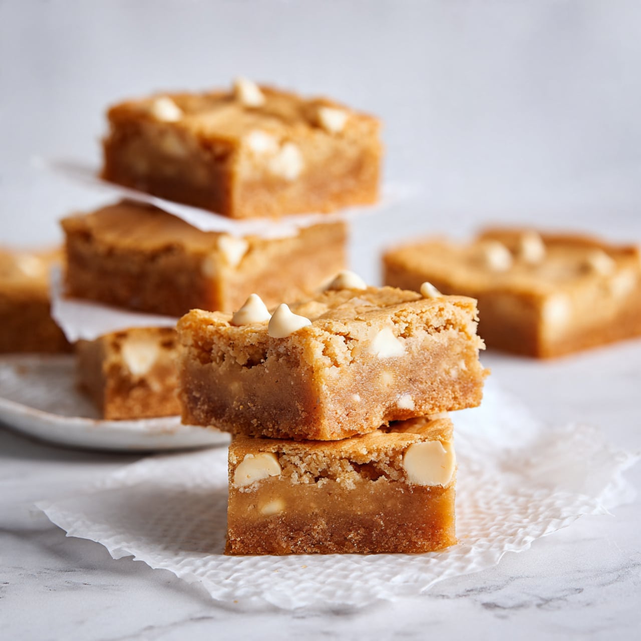 A close-up of several square blondie bars stacked in the background with one square blondie bar placed on a white plate in the foreground. Each blondie bar has two visible layers: a light golden brown top layer with a slightly bumpy texture and semi-smooth with visible light-colored chips or nuts, and a denser, darker golden brown bottom layer. The bars have a soft, moist appearance and slightly rough edges. The white plate is set on a surface with a white marbled texture. photo taken with an iphone --ar 4:5 --v 7