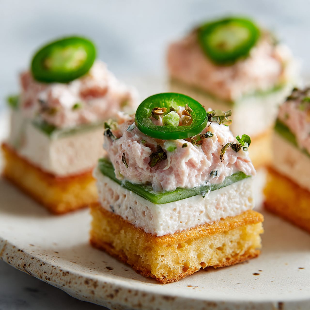 The image shows small stacked appetizers on a white plate with light brown speckles, placed on a white marbled surface. Each appetizer has three layers: the bottom layer is a golden crispy square base with a rough texture, the middle layer consists of thin green slices arranged side by side, and the top layer is a creamy pink mixture with small chunks, topped with a bright green sliced jalapeño and sprinkled with tiny black and green bits. The focus is on the front appetizer, with blurred similar appetizers and stacked white plates in the background. photo taken with an iphone --ar 4:5 --v 7