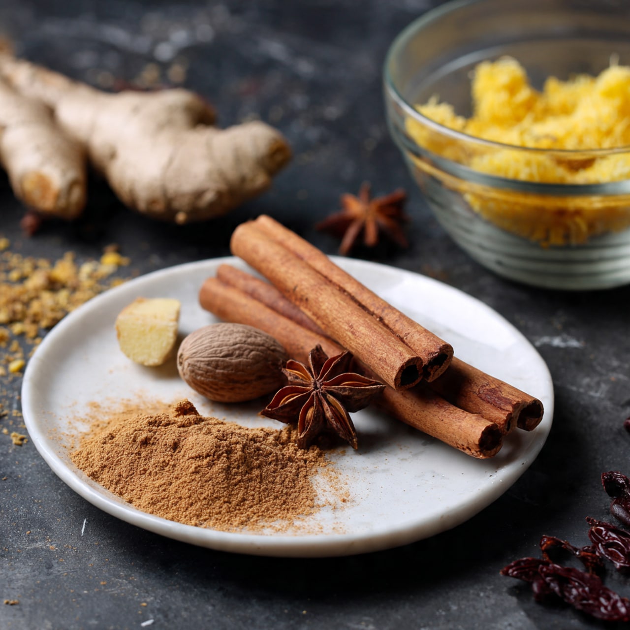 A small white plate holds two long brown cinnamon sticks placed diagonally, topped with a brown star anise in the center. To the left of the cinnamon sticks, there is a halved brown nutmeg and a small beige piece of ginger root, all sprinkled with fine brown spice powder. The plate is set on a dark surface with a glass bowl filled with yellow and orange items in the upper right background, and a small dark reddish-brown dried fruit or pod on the right side near the plate. The background surface is white marbled texture. Photo taken with an iphone --ar 4:5 --v 7