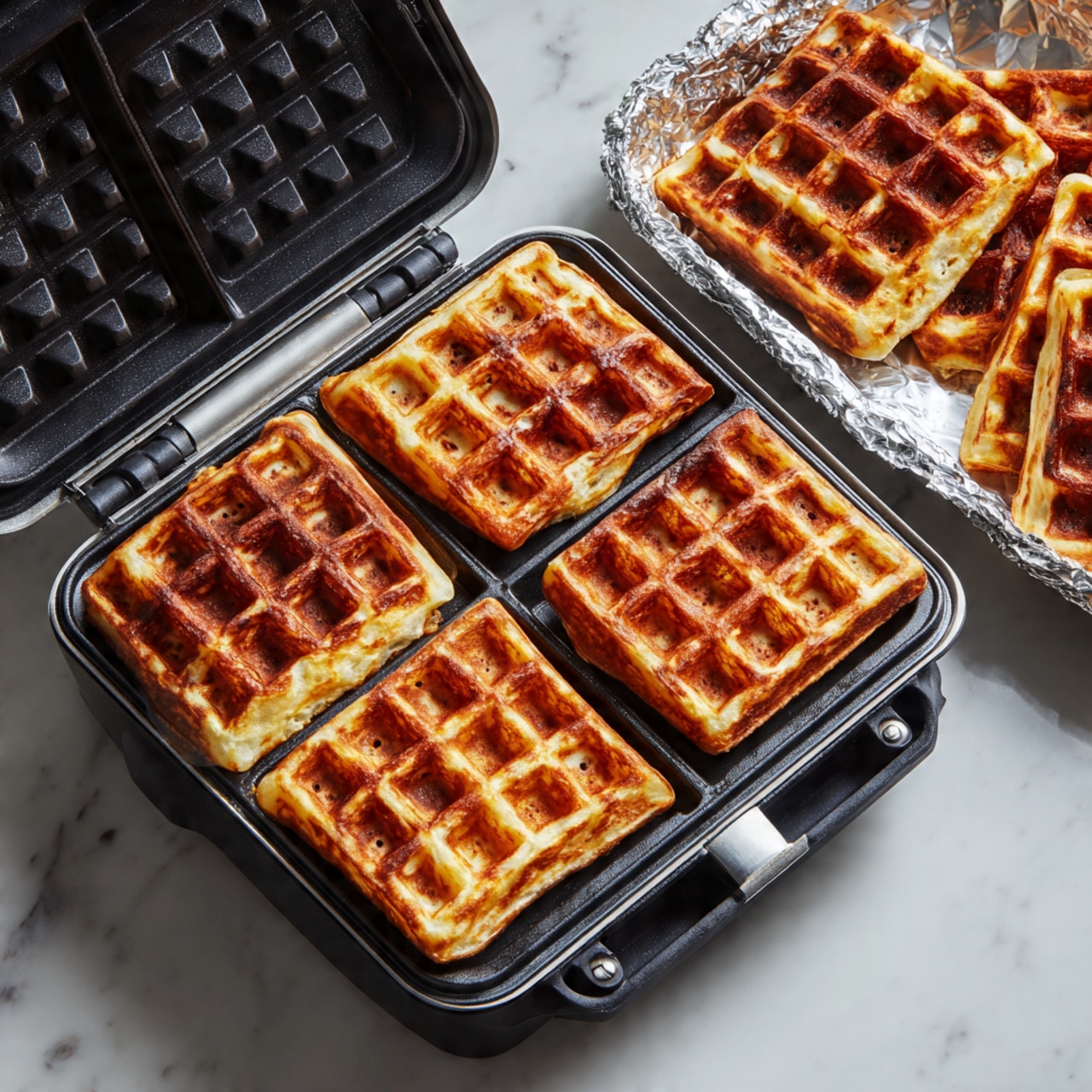 The image shows a waffle maker open with four thick waffles inside, each one light golden brown with hints of darker toasted spots. The waffles have a crispy, bubbly texture and are still inside the black waffle maker, which is placed on a white marbled surface. In the background to the right, there is a tray covered with foil holding more waffles, which are similarly golden and textured. The scene looks warm and freshly made. photo taken with an iphone --ar 4:5 --v 7