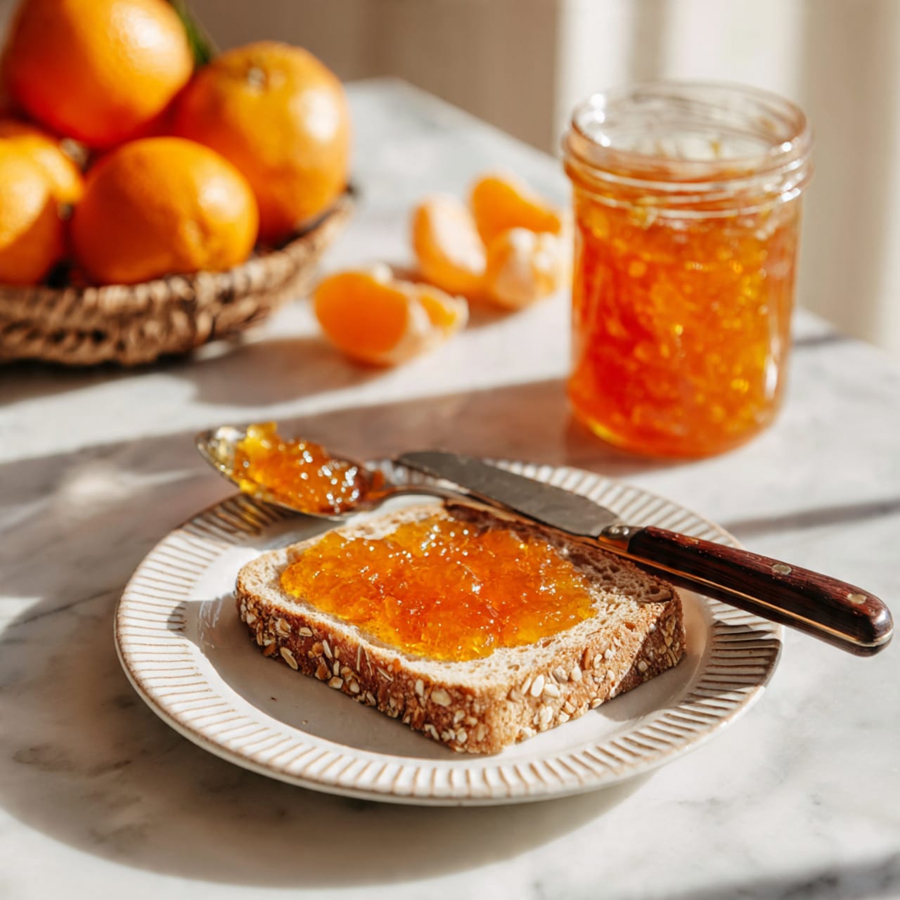 A clear glass jar filled with bright orange marmalade sits at the center on a white marbled surface. A silver spoon holding thick, shiny marmalade is lifted just above the jar. In the background, two more jars filled with the same orange marmalade are slightly blurred, along with whole and halved fresh oranges with green leaves, adding a vibrant splash of orange and green color. The overall look is fresh and appetizing with warm tones. Photo taken with an iphone --ar 4:5 --v 7