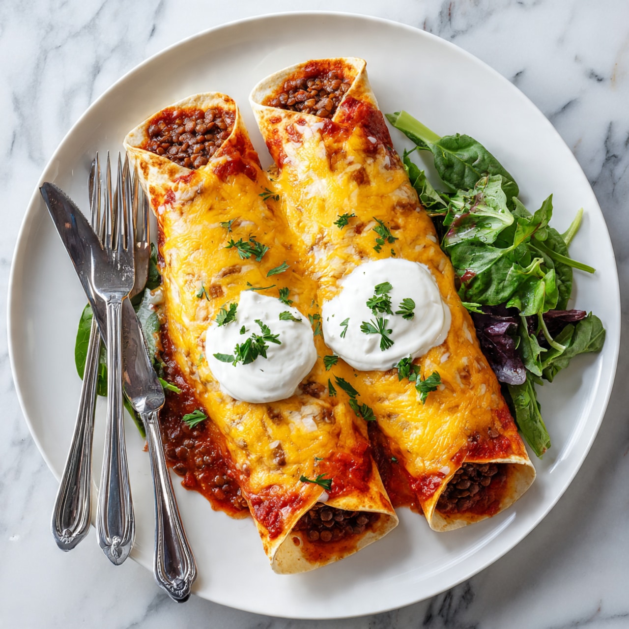 The image shows a tray of rolled tortillas filled with a mix, covered with melted yellow and light orange cheese and red tomato sauce. On top of some tortillas, there are dollops of white sour cream with a sprinkle of black pepper and green chopped herbs scattered over the cheese and sour cream. The tray is dark metal and has some sauce and cheese melted onto it. The background has a white marbled texture. Photo taken with an iphone --ar 4:5 --v 7
