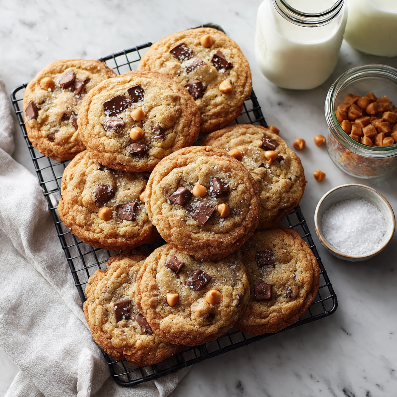 A cluster of round cookies with a golden-brown texture and slightly crispy edges sits on a black cooling rack over a white marbled surface. Each cookie has dark, uneven chunks of chocolate embedded on the top, spreading in patches, along with small light brown butterscotch chips scattered across the surface. Near the cookies, there is a small white bowl filled with coarse salt, a small glass jar with butterscotch chips, and two glass bottles of milk. A white cloth napkin is casually placed to the side, complementing the cozy and inviting scene. Photo taken with an iphone --ar 4:5 --v 7