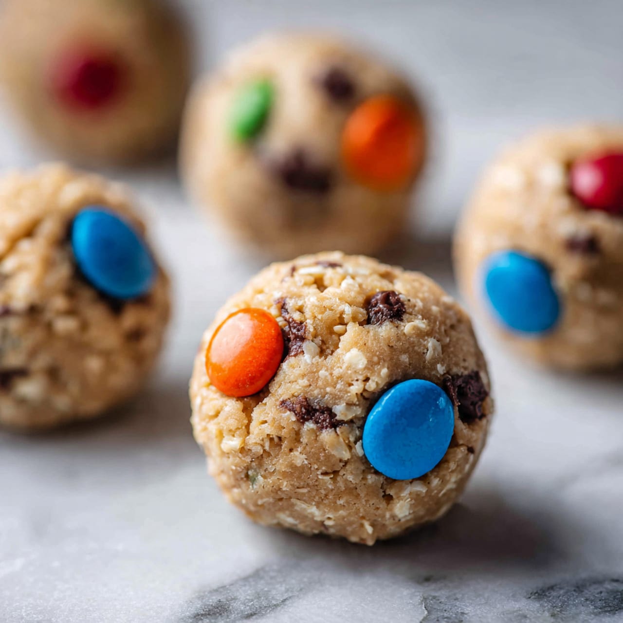 The image shows several round balls of cookie dough placed on a white marbled surface. Each ball has two colorful candy pieces pressed into the top, with colors like red, orange, blue, and green visible. The dough looks textured with oatmeal and small dark chocolate bits throughout, giving it a rough, chunky look. The cookie balls are light tan in color and appear soft and thick, with each candy piece sitting slightly sunken into the dough. The background is blurred, focusing closely on the cookie balls in the center frame. photo taken with an iphone --ar 4:5 --v 7