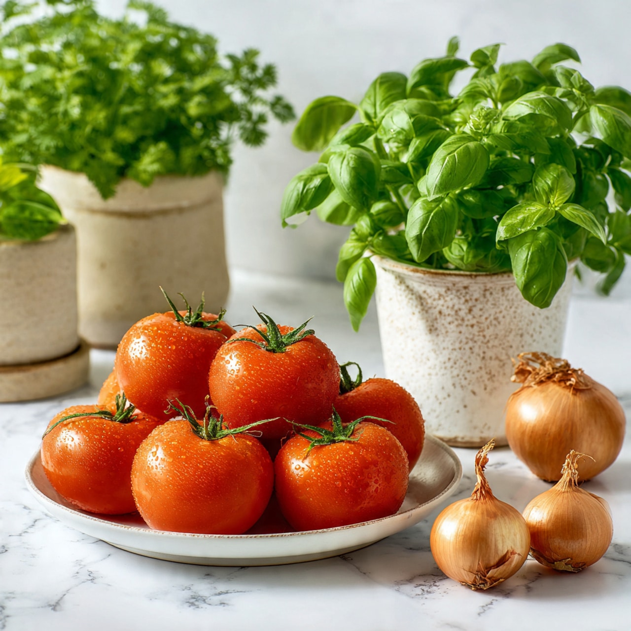 A cluster of bright red tomatoes with green stems is placed on a white plate in the front left of the image. To the right of the tomatoes are three light brown onions with dry skins. Behind the onions and tomatoes, there are two pots filled with fresh green herbs, one with leafy parsley and the other with dense basil leaves. The entire scene is set on a white marbled surface, giving a clean and fresh look. photo taken with an iphone --ar 4:5 --v 7