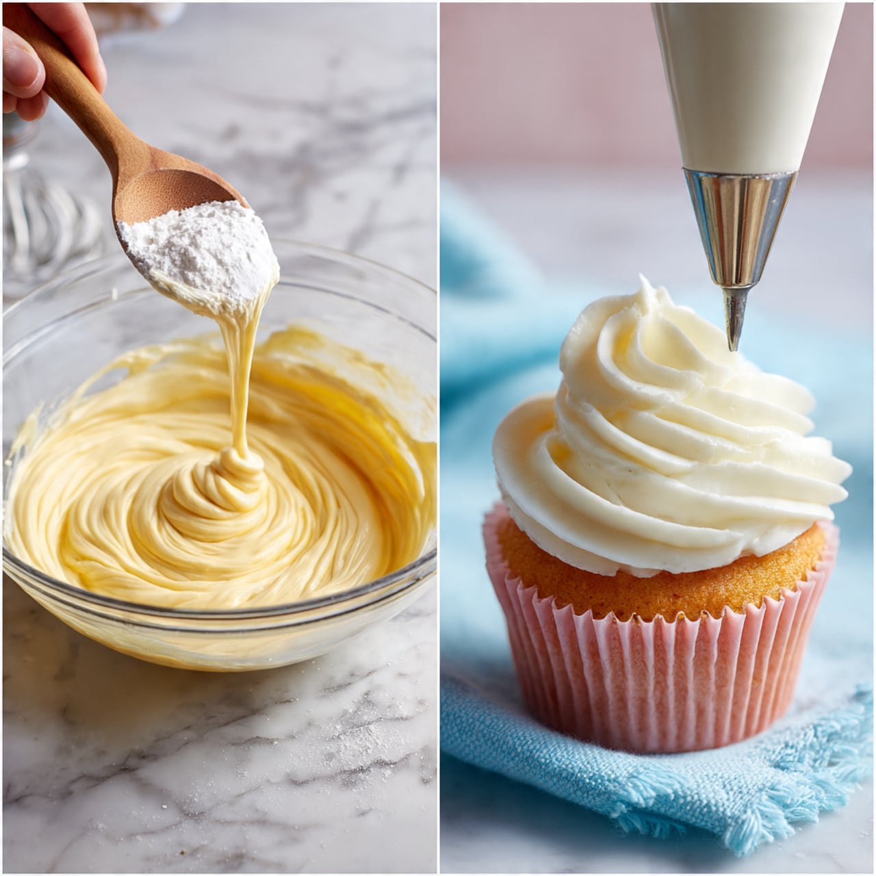 A single vanilla cupcake sits on a small white cake stand with scalloped edges. The cupcake has a light golden base with a soft texture and a thick, tall swirl of creamy white frosting on top. The frosting looks smooth and fluffy with curled ridges, decorated with small round sprinkles in pink, yellow, green, blue, and purple colors spread evenly across it. The background shows more cupcakes with similar frosting and sprinkles, all placed on a white marbled surface, softly out of focus. photo taken with an iphone --ar 4:5 --v 7