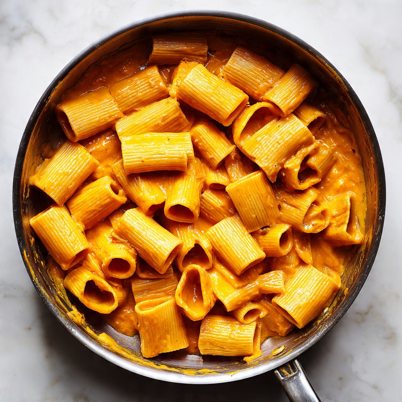 The dish is a bowl of pasta with tubular shapes, coated in a thick orange sauce that covers each piece evenly. On top, there is a layer of finely grated white cheese sprinkled over the pasta, with small green herb pieces scattered around it. The bowl is white, placed on a white marbled surface, and around the bowl are two small scalloped dishes with powdered cheese and chopped green herbs. To the right, there is a gold fork and a soft light pink cloth napkin. A small green plant is partly visible at the bottom left corner. Photo taken with an iphone --ar 4:5 --v 7