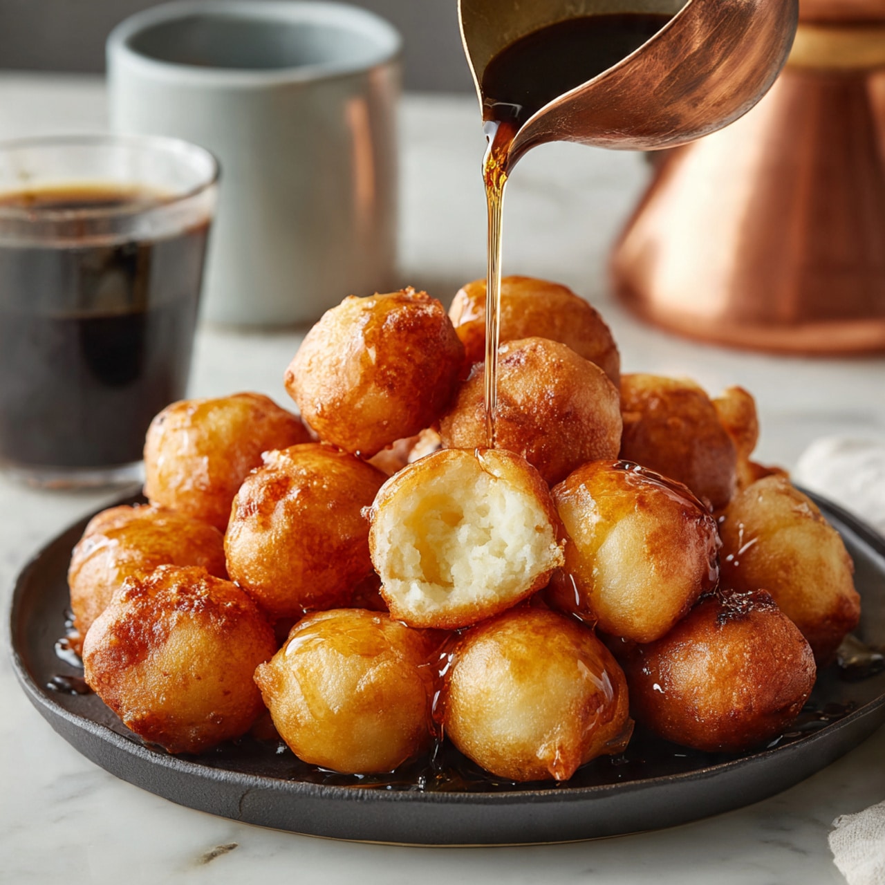 A round black pan filled with many small, golden-brown fried dough balls showing a shiny, crispy surface. The dough balls have different shades of golden, from light to darker brown, showing a textured, slightly rough crust. Around the pan, other small dishes are partly visible, including a white marbled surface underneath with some scattered crumbs and a white cloth. The scene has a gray, slightly textured background. Photo taken with an iphone --ar 4:5 --v 7