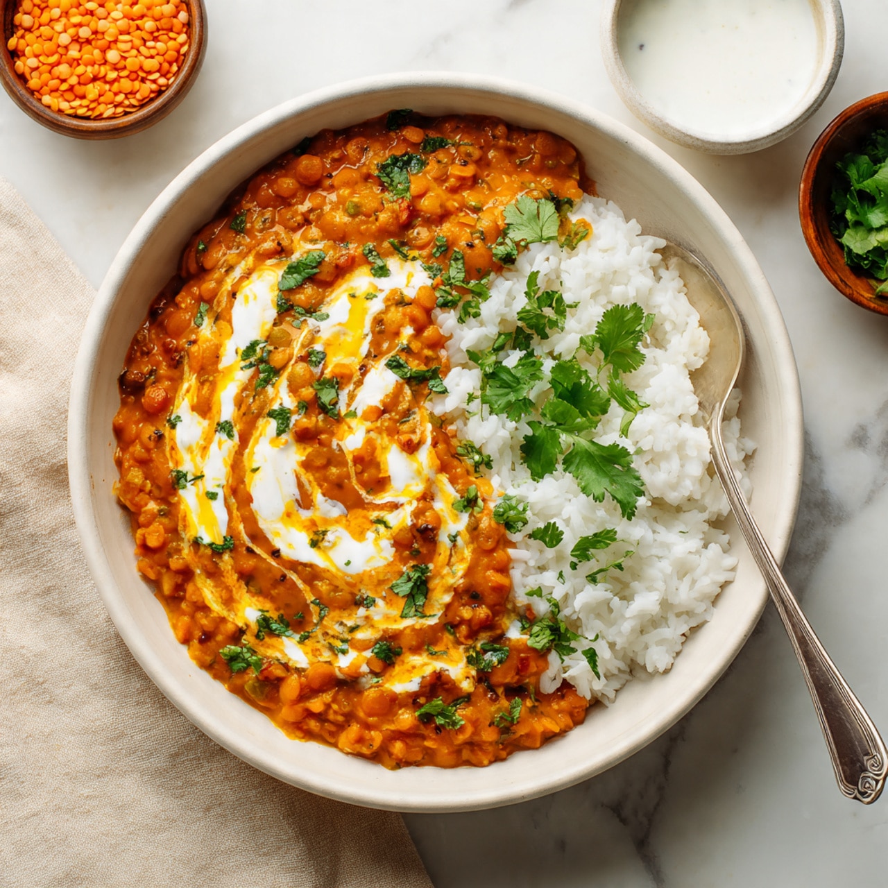 A white bowl sits on a beige plate with two main layers inside: on the left, fluffy white rice with a soft texture, and on the right, thick orange lentils with a slightly chunky texture. On top of the lentils, there is a dollop of white yogurt with a drizzle of golden sauce, and fresh green cilantro leaves add a pop of color. A silver spoon rests inside the bowl, partially on the rice, the bowl is placed on a white marbled surface with a soft beige cloth nearby, a silver serving dish with more rice and lentils is partially visible at the top left, and a small brown bowl with uncooked yellow lentils is seen in the top right corner. photo taken with an iphone --ar 4:5 --v 7