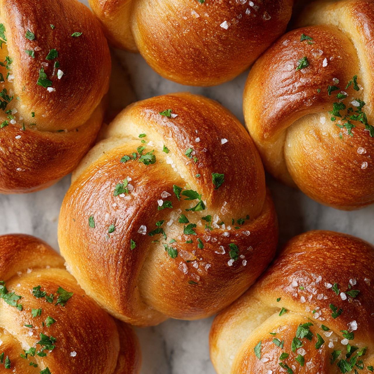The image shows a group of 12 soft, golden-brown dinner rolls arranged close together on a piece of light brown parchment paper. Each roll is round with a spiraled pattern on top, lightly sprinkled with small green herb pieces that add a touch of color. The rolls have lightly browned edges and a smooth, glossy texture, making them look fresh and fluffy. The background is a white marbled surface, with a blurred white pot holding green herbs and a dark cloth in the distance. Photo taken with an iphone --ar 4:5 --v 7