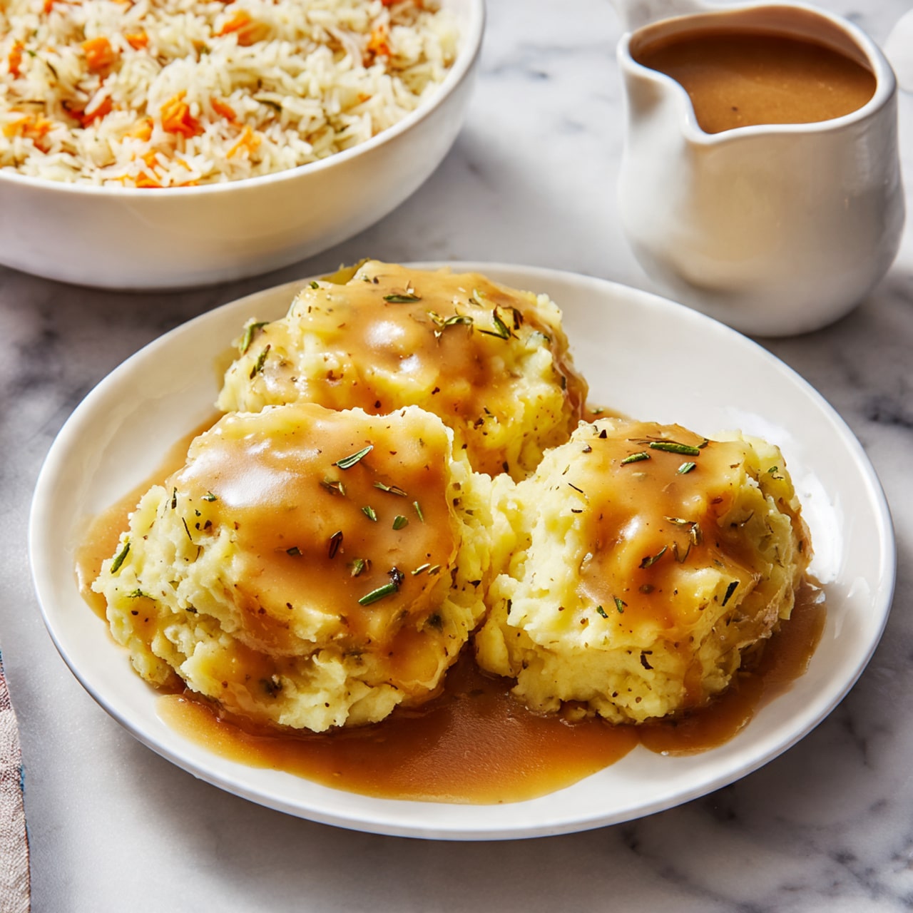 A white bowl filled with a thick layer of pale, creamy mashed potatoes that look soft and slightly crumbly, topped with a smooth, rich brown gravy covering most of the surface. Small bits of green herbs are sprinkled lightly over the gravy, adding a touch of color. The bowl sits on a white marbled surface, and part of a white gravy boat with some dripping gravy on its side is visible in the background. photo taken with an iphone --ar 4:5 --v 7